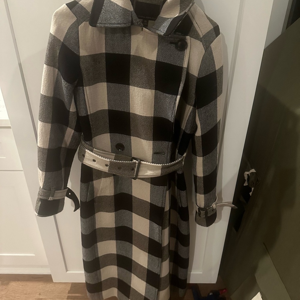 Banana Republic Black and Cream Plaid Pea Coat
